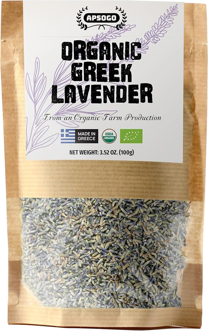 APSOGO Organic Dried Lavender Flowers - Premium Greek Culinary Lavender for Tea, Relaxation & Fragrance - Whole Buds in Resealable Pouch - 3.52oz