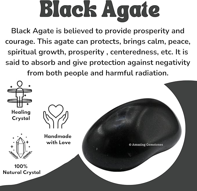 Amazing Gemstone Black Agate Crystals and Healing Stones Tumbled - 1 oz, Natural Healing Stones for Energy Balance, Stress Relief - Premium Polished Gems Rocks for Meditation and Wellness