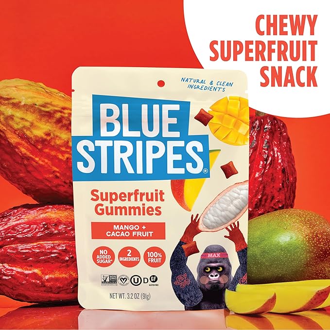 Blue Stripes Cacao Superfruit Gummies - Vegan Chewy Fruity Snack, No Sugar Added 100% Fruit Gummy, 9 Essential Vitamins & Minerals, Natural Tropical Superfood - Mango & Cacao, 3.2 oz (4 Pack)