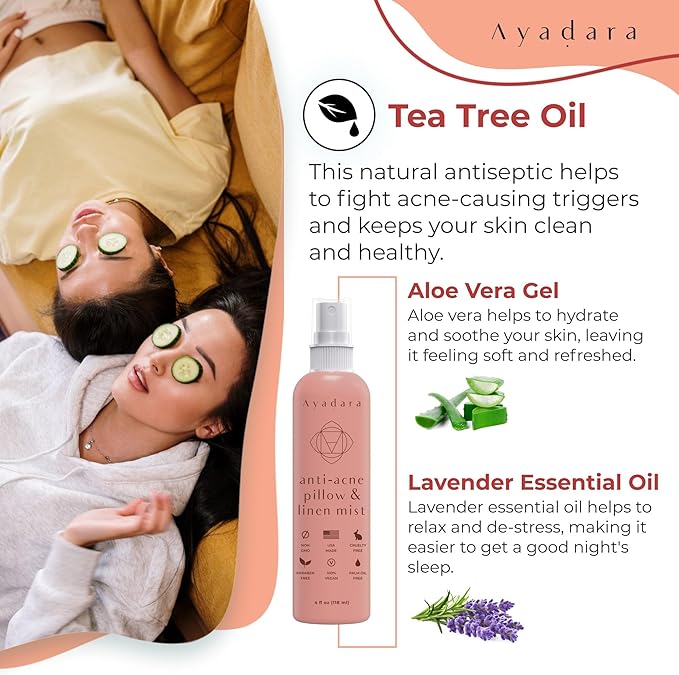 Anti-Acne Pillow & Linen Mist, Tea Tree Essential Oil & Lavender Spray for Pillow, Sheets, Blanket, & Duvet, Relaxing Pillow Aromatherapy Mist Freshener, 1000+ Sprays, 4 fl oz