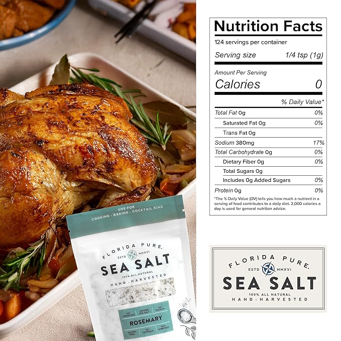 FLORIDA PURE Rosemary Sea Salt - 80+ Mineral Sea Salt, Natural, Unrefined, Non Iodized - for Baking, Cooking, Seasoning & Enhancing Taste - Hand-harvested Flaky Sea Salt (3 oz. Pouch)