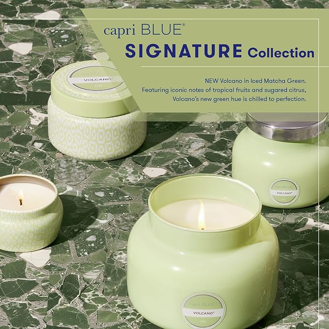Capri Blue Volcano Scented Mini Tin Jar Candle - Printed Mini Tin Candles for Home Scented with Tropical Fruit & Sugared Citrus - Long Lasting Soy Wax Blend (Iced Matcha Green, 3 oz)