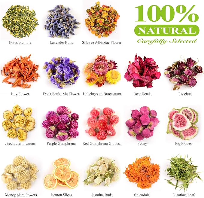 Dried Flowers, 21 Bags 100% Natural Dry Flower Herbs Kit for Soap, DIY Candle, Bath, Resin Jewelry Making Include Lavender, Don't Forget Me, Lily, Rose Petals, Jasmine and More
