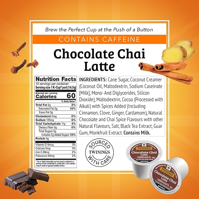 NEW Twinings Chocolate Chai Latte Tea 60 K-Cup Pods for Keurig, 10 Count (Pack of 6), Velvety Smooth Cocoa with Real Spiced Tea, Caffeinated, Enjoy Hot or Iced