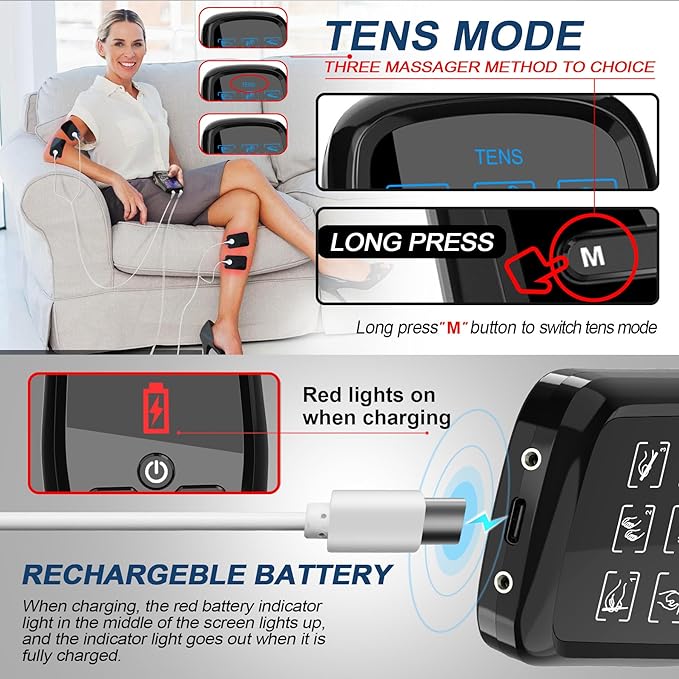 Dual Channel TENS Unit for Pain Relief Rechargeable Electronic Pluse Muscle Stimulator Massager Low-Frequency Multi-Function Physiotherapy Instrument with 10pcs Electrode Pads