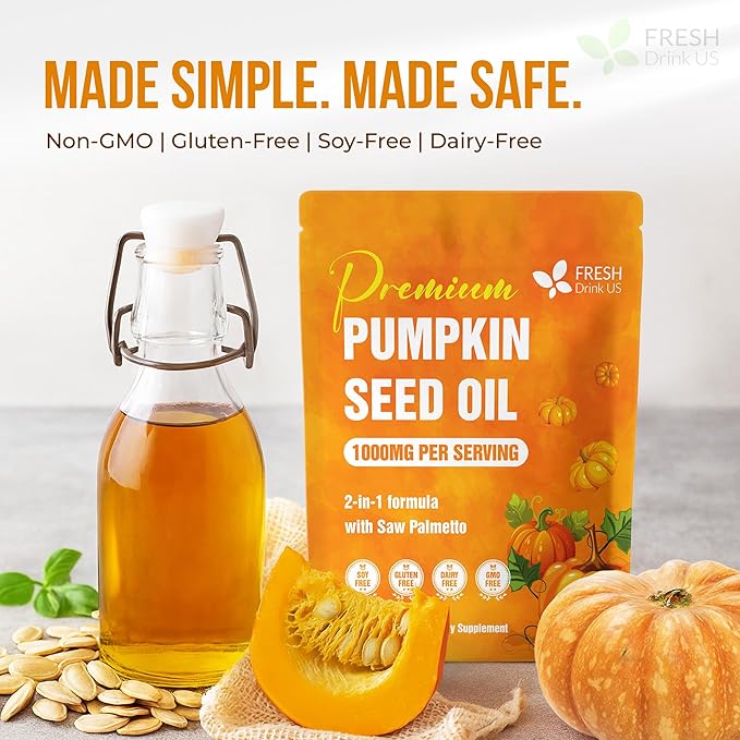 FRESHDRINKUS, 330 Premium Pumpkin Seed Oil Softgels with Saw Palmetto, 3000mg Per Serving, Cold Pressed, Pure Virgin Oil, Great Hair Support, Non-GMO, Gluten-Free, Vegan
