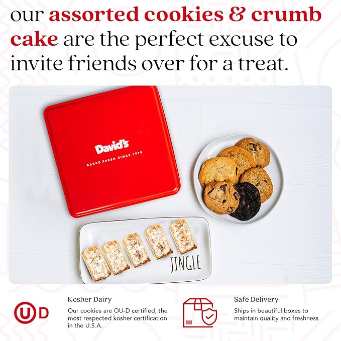 David's Cookies Assorted Fresh Baked Cookies & Crumb Cake Tin - 1Lb Assorted Cookies + 8 Individually Wrapped Crumb Cakes With Raspberry & Original Butter Flavors – Delicious Gourmet Food Gift For All