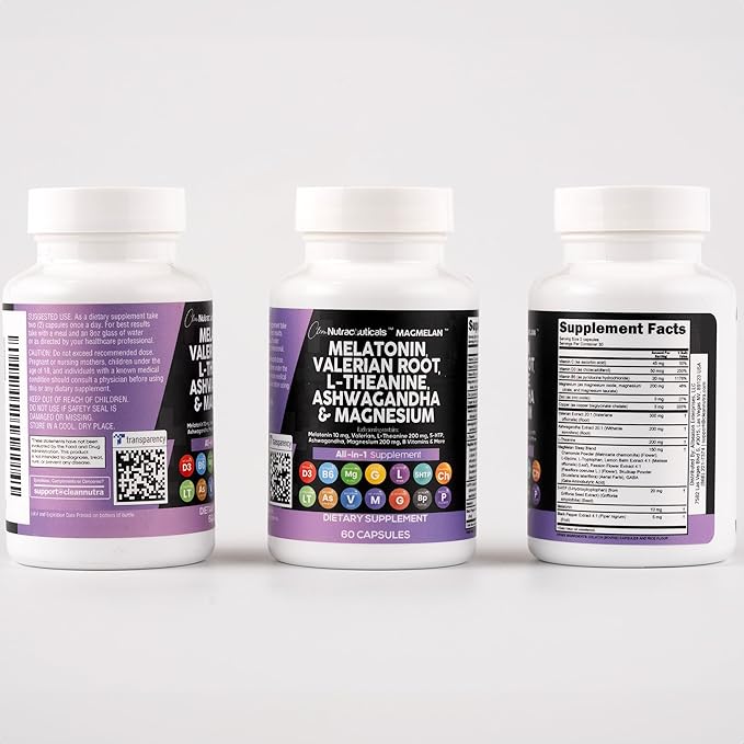 Clean Nutraceuticals Melatonin 10mg Valerian Root L Theanine 200mg Ashwagandha - Sleep Support for Women & Men with Magnesium Complex, Lemon Balm, Chamomile, & Passion Flower - 60 Caps