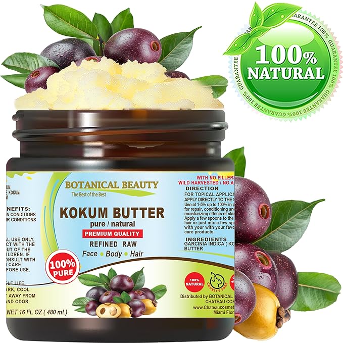 Botanical Beauty KOKUM BUTTER 100% Pure Natural REFINED Cold-Pressed for Face, Skin, Body, Hair, Lip, Nails. Rich in Vitamin E. Beauty Moisturizing Nourishing Butter Rich in Vitamin E (16 Fl Oz)