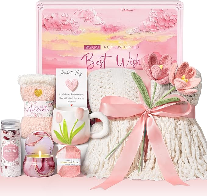 Birthday Gifts for Women Self Care Set Get Well Soon Gift Baskets, Relaxing Bluebell Spa Gift Basket Care Package for Women, Unique Christmas Mom Gifts for Her Girlfriend Sister Friend Wife Grandma