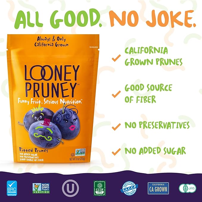 Looney Pruney Pitted Dried Prunes for the Entire Family | Always California-Grown | Kosher | No Added Sugar & No Preservatives (6 pack)
