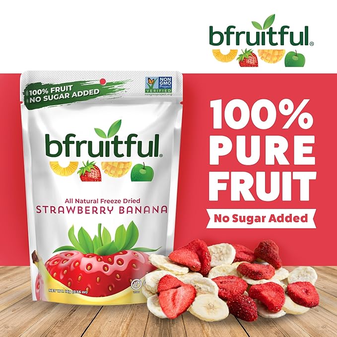 bfruitful Freeze-Dried Strawberry Banana, Freeze Dried Fresh Fruit Bites, Gluten Free, Vegan, Dairy Free, Kosher, No Sugar Added, Non GMO, Healthy Snacks for Kids or Adults, 0.56 oz Single-Serve Snack Packets, 12 Pack