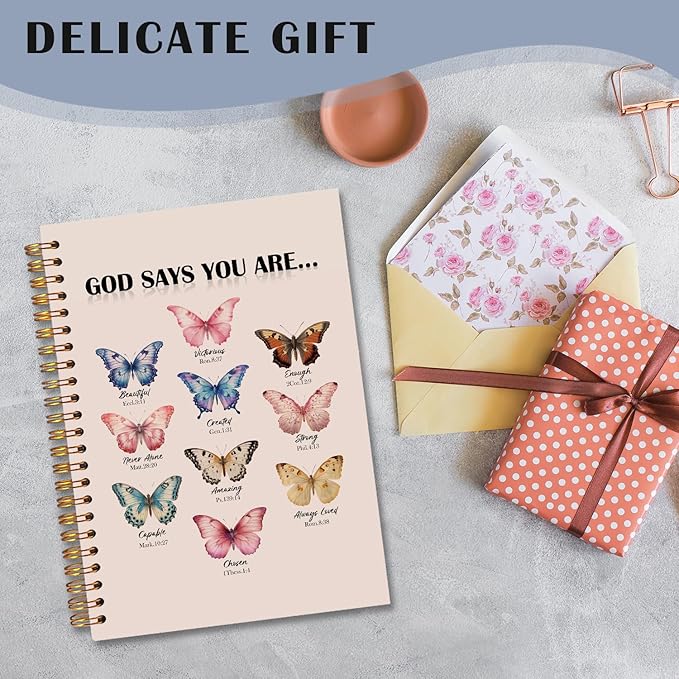 Butterfly Christian Spiral Notebooks, God Says You Are Bible Journal, Scripture Journals for Writing, Christian Gifts for Women, Religious Notebook for Note Taking, 5.5x8.3 Inch
