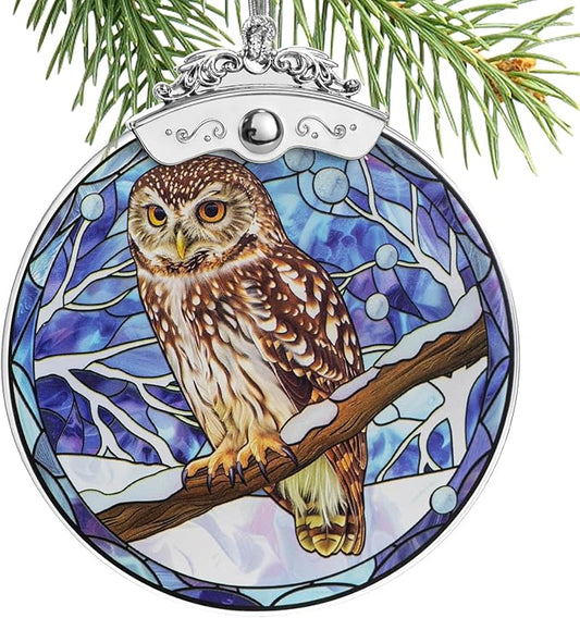 Christmas Tree Ornaments 3 Inch Clear Glass Blanks Round Print Ornament Christmas Hanging Decorative with Silver Ribbon (Owl)