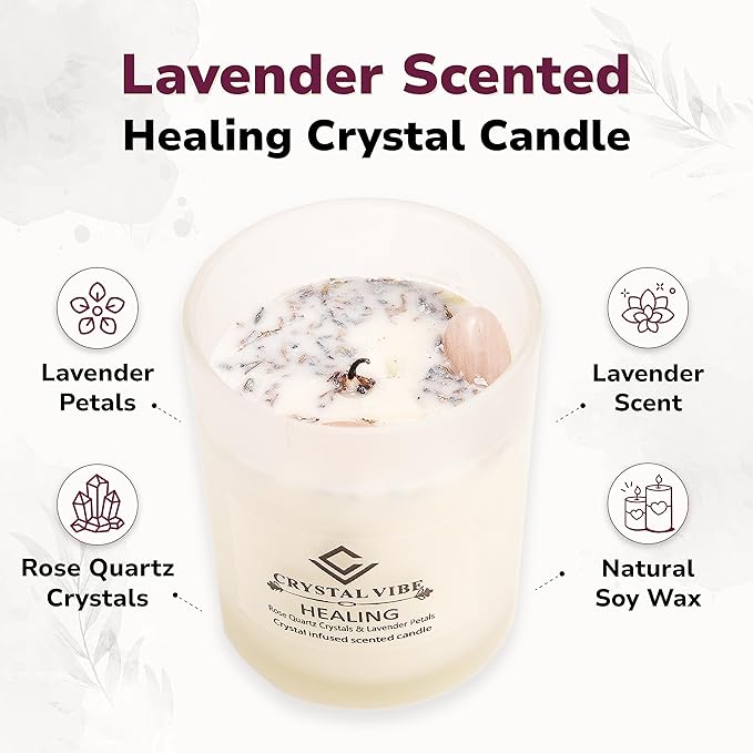 Crystal Vibe Healing Crystal Candle with Rose Quartz Crystals and Lavender Petals - Natural Soy Wax Lavender Scented Candle for Aromatherapy Meditation - Birthday Christmas Gifts for Women