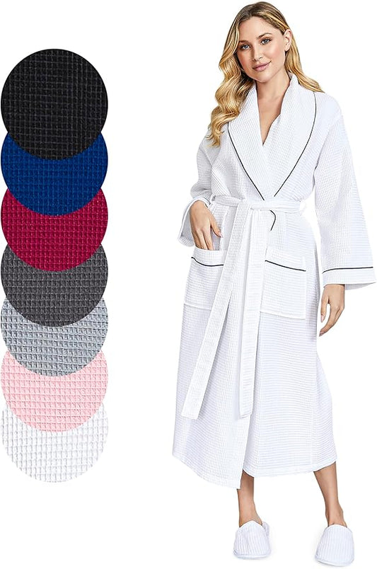 Lotus Linen Waffle Robes for Women - Lightweight Cotton Kimono Bathrobe - Long Soft Spa Bath Robe