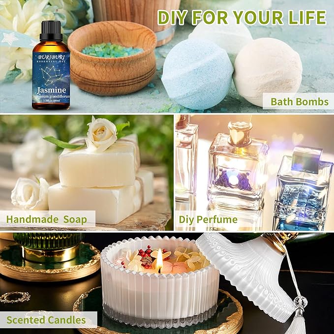 BURIBURI Jasmine Essential Oil 100% Pure Undiluted Aromatherapy Jasmine Oil 100ML/3.38fl.oz for Soap, Candle Making, Massage, Diffuser, Humidifier