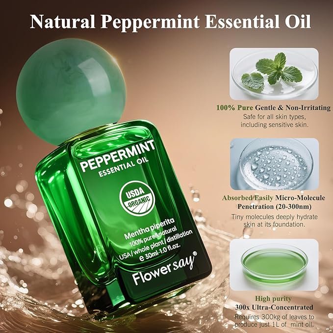 Flower Say Peppermint Essential Oil for Diffuser, USDA Organic Mint Oil for Hair Growth, 100% Pure Peppermint Oil for Skin, Aromatherapy, Candle Making & Garden Care-30ml