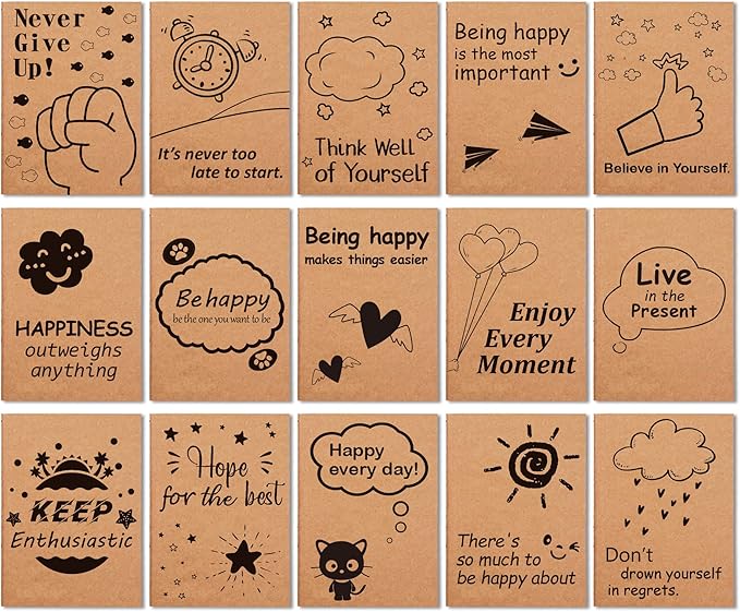 feela 15 Pack A6 Kraft Notebooks, 15 Designs Cute Mini Pocket Notebooks and Journals, Lined Motivation Small Journal Notebook Notepad Bulk for School Supplies Women Taking Memos, 4.1X5.8 in, 80 Pages