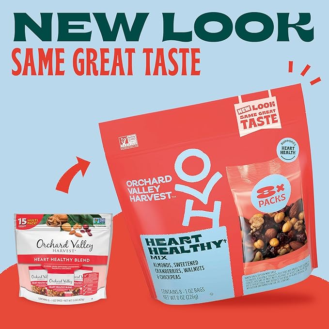 Orchard Valley Harvest Heart Healthy Blend, 1 Ounce Bags (Pack of 8), Almonds, Cranberries, Walnuts, and Chickpeas, Gluten Free, Non-GMO, No Artificial Ingredients, Healthy Snacks for Adults