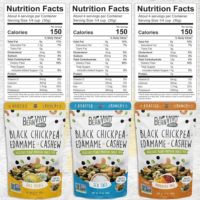 BeanVIVO Healthy Snacks for Adults & Kids with 7g Protein & 5g Fiber per Serving with Dried Edamame, Roasted Cashew and Chickpeas - Vegan & Gluten Free - Keto Friendly & Non-GMO - 3-Pack (4.5 oz Each Pouch)