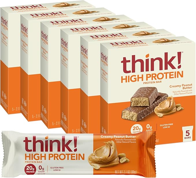 think! Protein Bars, High Protein Snacks, Gluten Free, Kosher Friendly, Creamy Peanut Butter, Nutrition Bars, 2.1 Oz per Bar, 30 Count (Packaging May Vary)