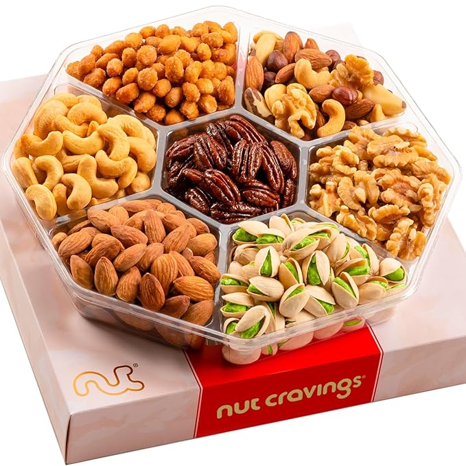 NUT CRAVINGS - Diwali Sweets Hamper Mixed Nuts Gift Basket in Red Gold Box (7 Assortments, 1 LB) Food Arrangement, Healthy Snack Care Package, Food Assortments