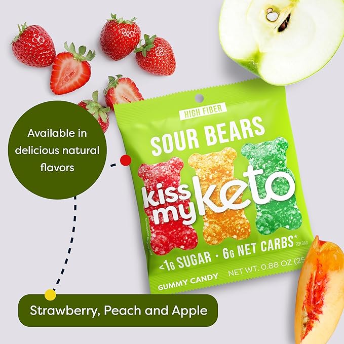 Kiss My Keto Sour Sugar Free Gummy Bears, 8-Pack – Satisfy Cravings while Staying in Ketosis – High Fiber, 6g Net Carbs, Non-GMO, Vegan, & No Gluten – Fruity Sugar Free Gummies