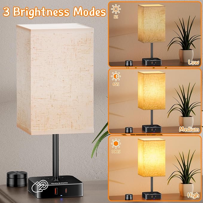 Bedroom Table Lamp with Remote Operation Control,Dimmable Bedside Table Desk Lamps with USB C+A Charging Ports 2 AC Outlets,Nightstand Lamp Flaxen Shade Lamp for Living Room,Dorm,Home Office,Decor
