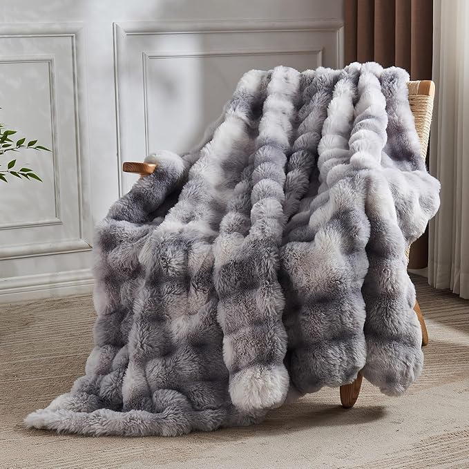 Lotus Karen Faux Fur Blanket Tie-Dye Gray - Big Bubble Rabbit Fluff King Throws for The Bed Large Fluffy Fuzzy Cozy Thick Furry Plush Shaggy Blankets for Men 108x90 Inches