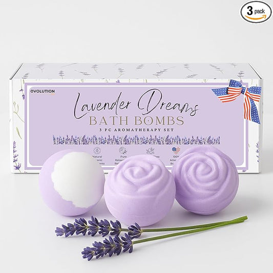 EvolutionUSA Lavender Dreams Bath Bombs for Women, 3 Organic Flower Bath Bombs, Soft Lavender Bath Fizz, Womens Bath Fizzers Gift, Lush Bath for Girls, Relaxing Bathbombs, Bath Balls