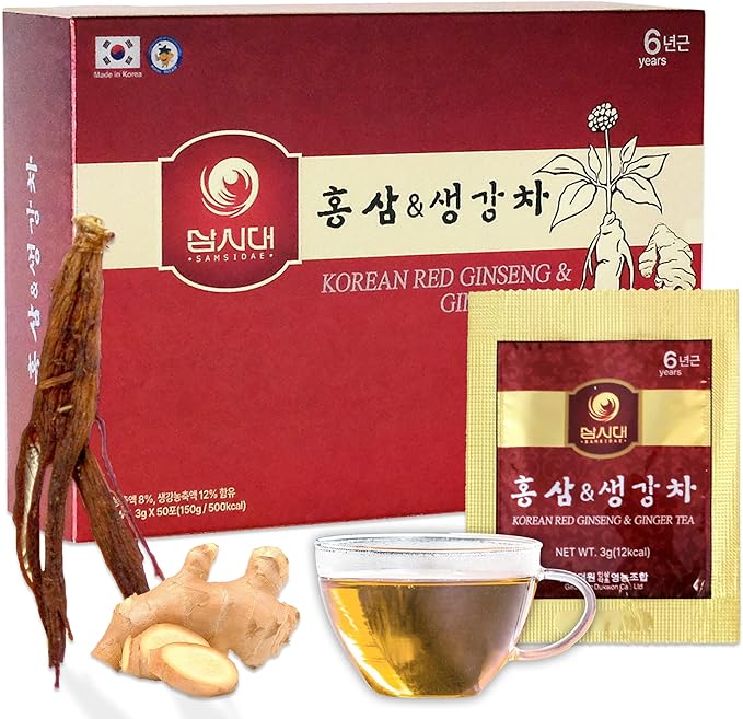 SAMSIDAE Korean Panax Red Ginseng with Ginger Tea, Box of 50 Bags, Supports Circulation, Energy, Immunity, and Digestion – Smooth Taste