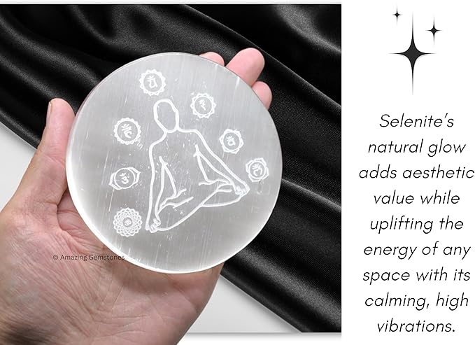 Amazing Gemstone Selenite Crystal Charging Plate For Crystals And Healing Stones, 3" Selenite Crystal Plate Engraved Buddha Coaster For Home, Office Table Decor (Selenite Round Disc)