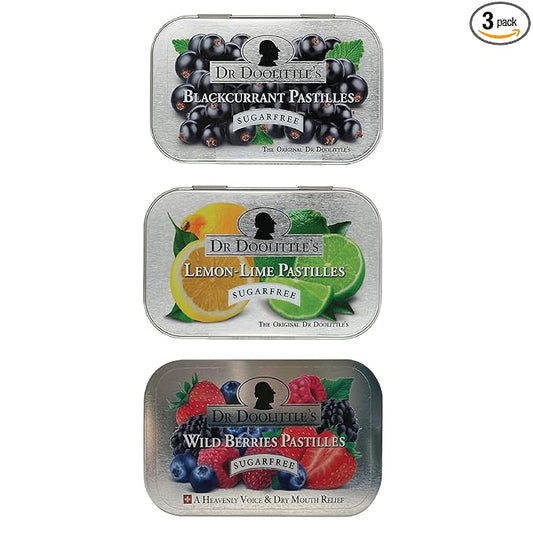 DOOLITTLE Sugar Free Soft Fruit Pastilles for Voice and Throat, Blackcurrant, Lemon Lime, and Wild Berries Variety Flavor Pack, 2.12 Ounce Tin, Approximately 25 Count Package, 3 Tin Gift Set