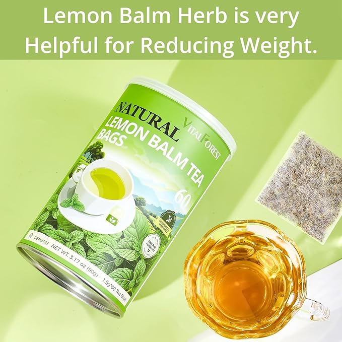 60 Lemon Balm Tea Bags - VitalForest Dried Lemon Balm Leaves Tea -1.5g/Bags, Calming Herb, Stress Relief & Sleep Support, Non-GMO, Caffeine-Free