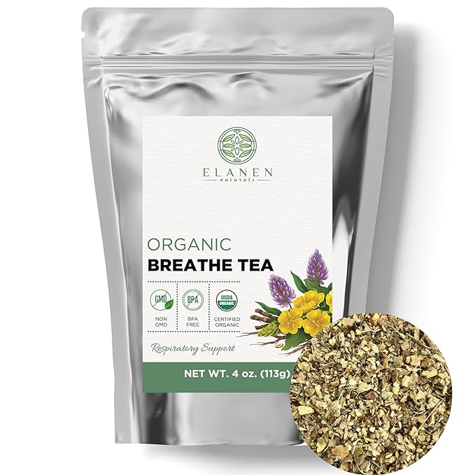 Elanen Naturals Organic Breathe Tea 4 oz. (113g), USDA Certified Organic Lung Tea for Bronchial Wellness and Smokers, Respiratory Blend, Gordo Lobo Herbs Loose Leaf, Mullein Detox Lungs, Cut & Sifted