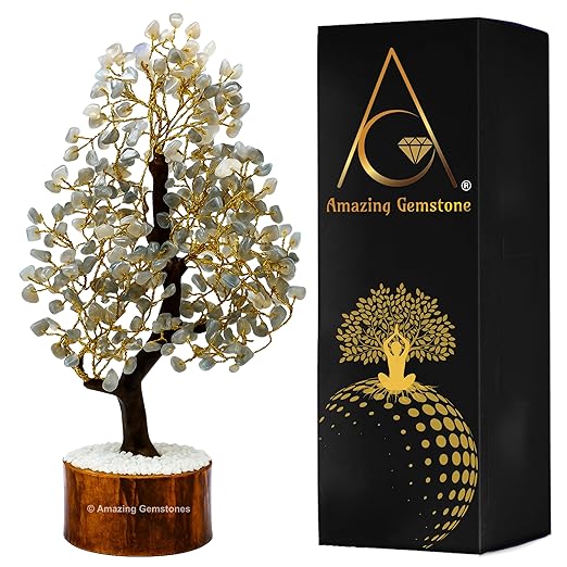 Amazing Gemstone Crystals and Healing Stones Birthday Gifts for Women - Grey Moonstone Crystal Tree of Life Home Decor Stocking Stuffers, Bookshelf, Room, Meditation Gift Mom, Unique Birthday Gifts