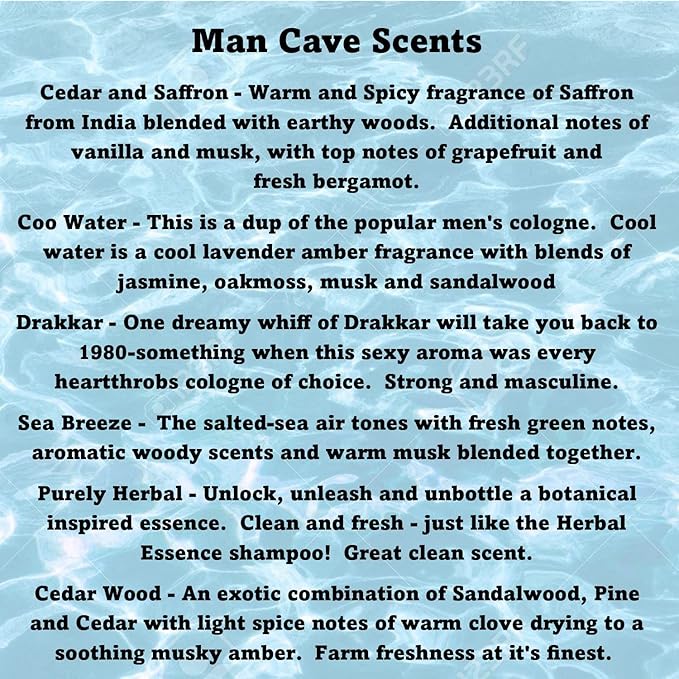 6 Pack Soy Blend Wickless Candle Scented Wax Melts Bars - Wax Cubes for Scented Wax melt Warmer - Man Cave Scents, Cool Water, Drakkar Cologne Type, Cedar & Saffron, & More! Made in The USA