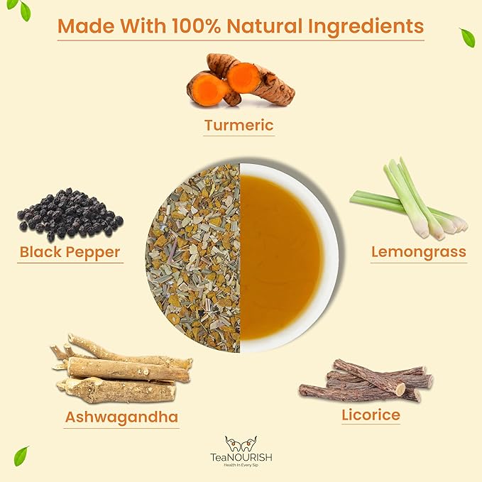 TeaNOURISH Turmeric Ashwagandha Herbal Tea | CAFFEINE-FREE | Indian Superfoods Blended with Black Pepper & Licorice | Supports Immunity | 100% NATURAL INGREDIENTS - 3.53oz/100g