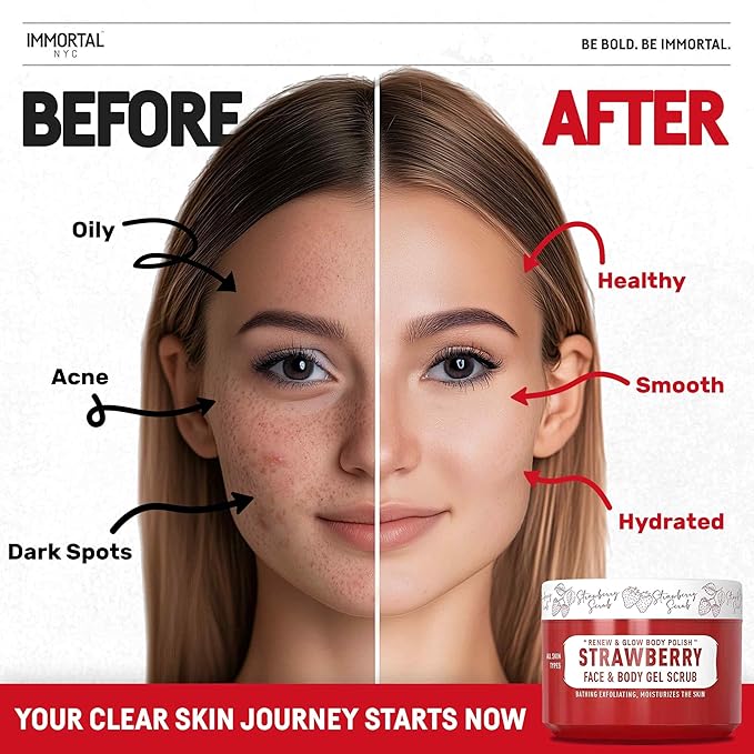 Immortal NYC Strawberry Crush Face & Body Scrub Mask Gel- Moisturizing and Exfoliating Body, Face, Hand, Foot Scrub - Fights Acne, Fine Lines & Wrinkles, Great Gifts For Women & Men - 10 oz