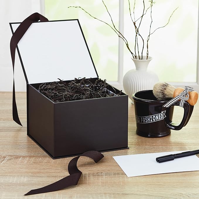 Hallmark Medium Gift Box with Lid and Shredded Paper Fill (Black 7 inch Box) for Weddings, Graduations, Birthdays, Father's Day, Groomsmen Gifts, All Occasion (Pack of 12)