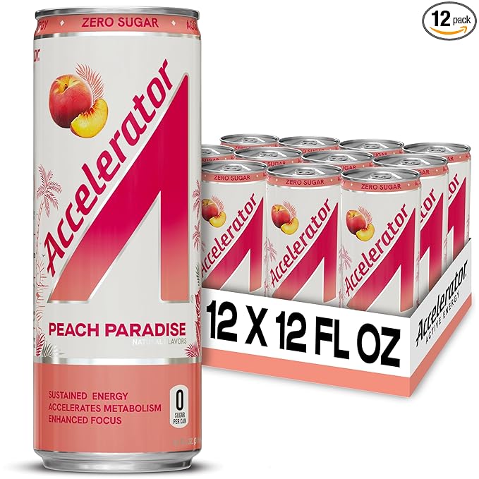 Accelerator Energy Drink Sugar Free, Peach Paradise 12oz can(12 pack)Zero Sugar Energy Drinks with Sustained Energy from 100% Natural Caffeine (200mg) & Green Tea extract
