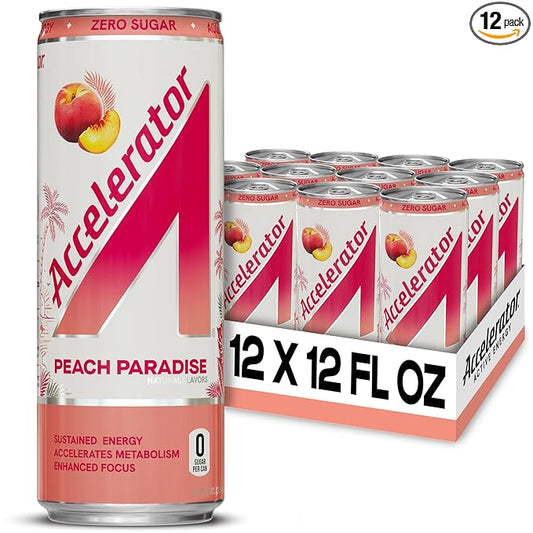 Accelerator Energy Drink Sugar Free, Peach Paradise 12oz can(12 pack)Zero Sugar Energy Drinks with Sustained Energy from 100% Natural Caffeine (200mg) & Green Tea extract