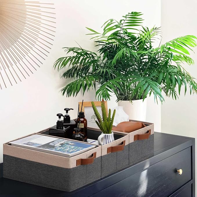 GhvyenntteS Small Fabric Storage Bins 6 Pack, 11.8" x 7.87" x 5.11" Storage Basket with Leather Handles, Closet Storage Bins for Shelves, Storage Baskets for Shelves, DVD Storage (Grey/Beige Yellow)