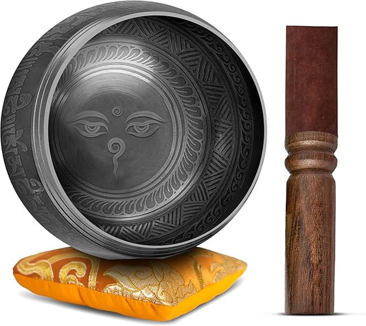 Tibetan Singing Bowl Set - Easy To Play Authentic Handcrafted For Meditation Sound Chakra Yoga Healing 4 Inches By Himalayan Bazaar (Black & Orange)
