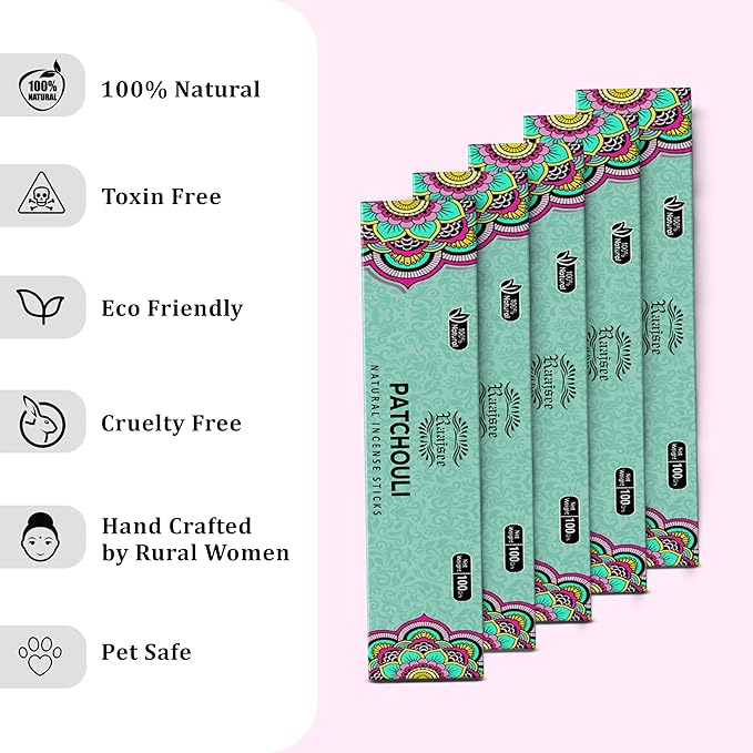 Raajsee Patchouli Incense Sticks (180 gm), 100% Pure Organic Natural Hand Rolled Free from Chemicals - Patchouli Incense Perfect for Aromatherapy, Cleansing, Meditation, and Church(Pack of 12)