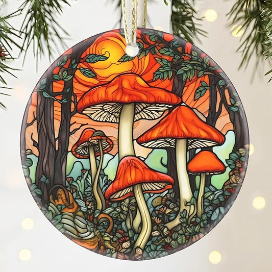 Ceramic Mushroom Christmas Ornament, 3.5 Inch Hanging Decor for Tree, Gift Exchange Present