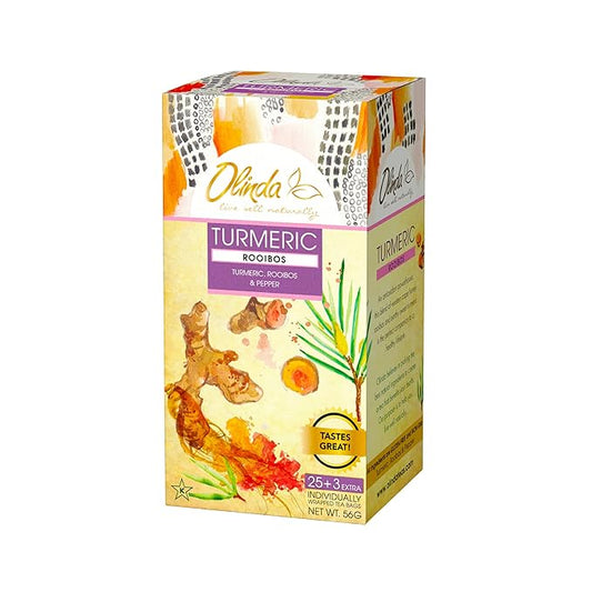 Olinda Turmeric Rooibos and Pepper Herbal Tea Organic Caffeine Free Tea for Weight Loss Detox and Antioxidant Support 28 Tea Bags Hot or Cold Brew