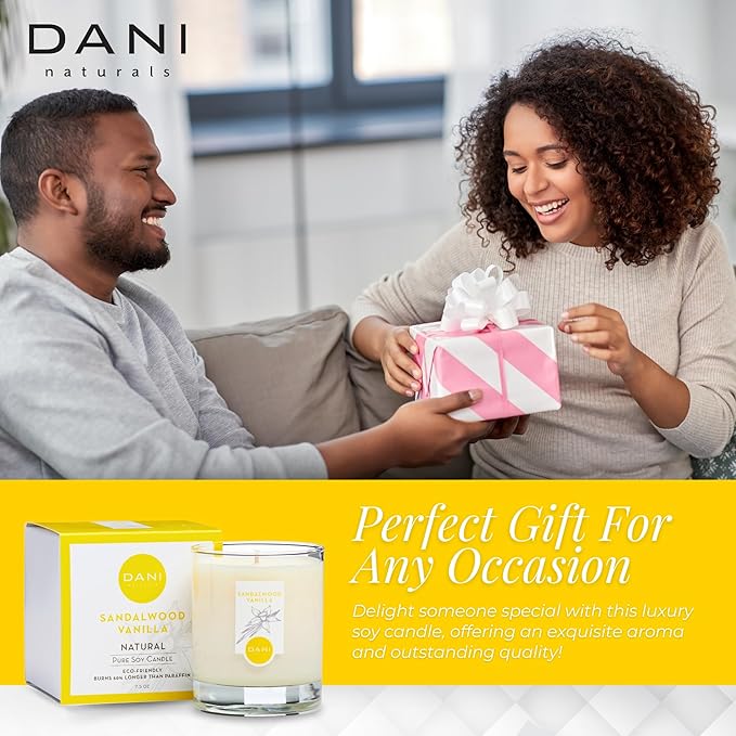 DANI Naturals Soy Candle - Sandalwood Vanilla Scented - 100% Pure Soy Wax, Kosher, Eco-Friendly, Non-Toxic, Long-Lasting Burn - 7.5 oz