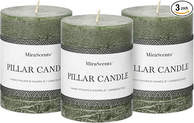 3x4 Inch Moss Green Pillar Candles Set of 3 - Unscented Spring Candles, Long Clean Burning, Large Big Candles, Smokeless Dripless Candles for Spring Home Decor, Dinner Table, Bathroom, Rustic Decor